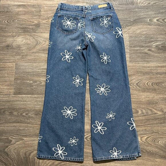 Justice Girls Wide Leg Flower SZ 16 Jeans Side Slit Y2K Floral Denim Daisy 70's - Picture 2 of 15